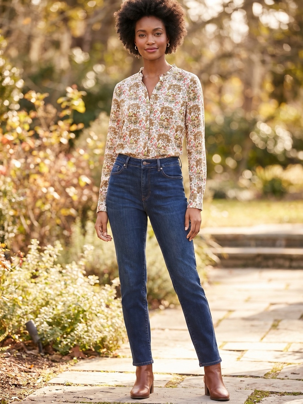 Talbots Cream Floral & Tree Print Long-Sleeve Blouse